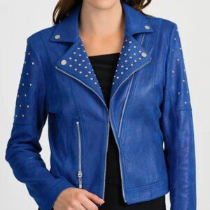 Joseph Ribkoff Blue Studded Faux Leather Cropped Motorcycle Jacket